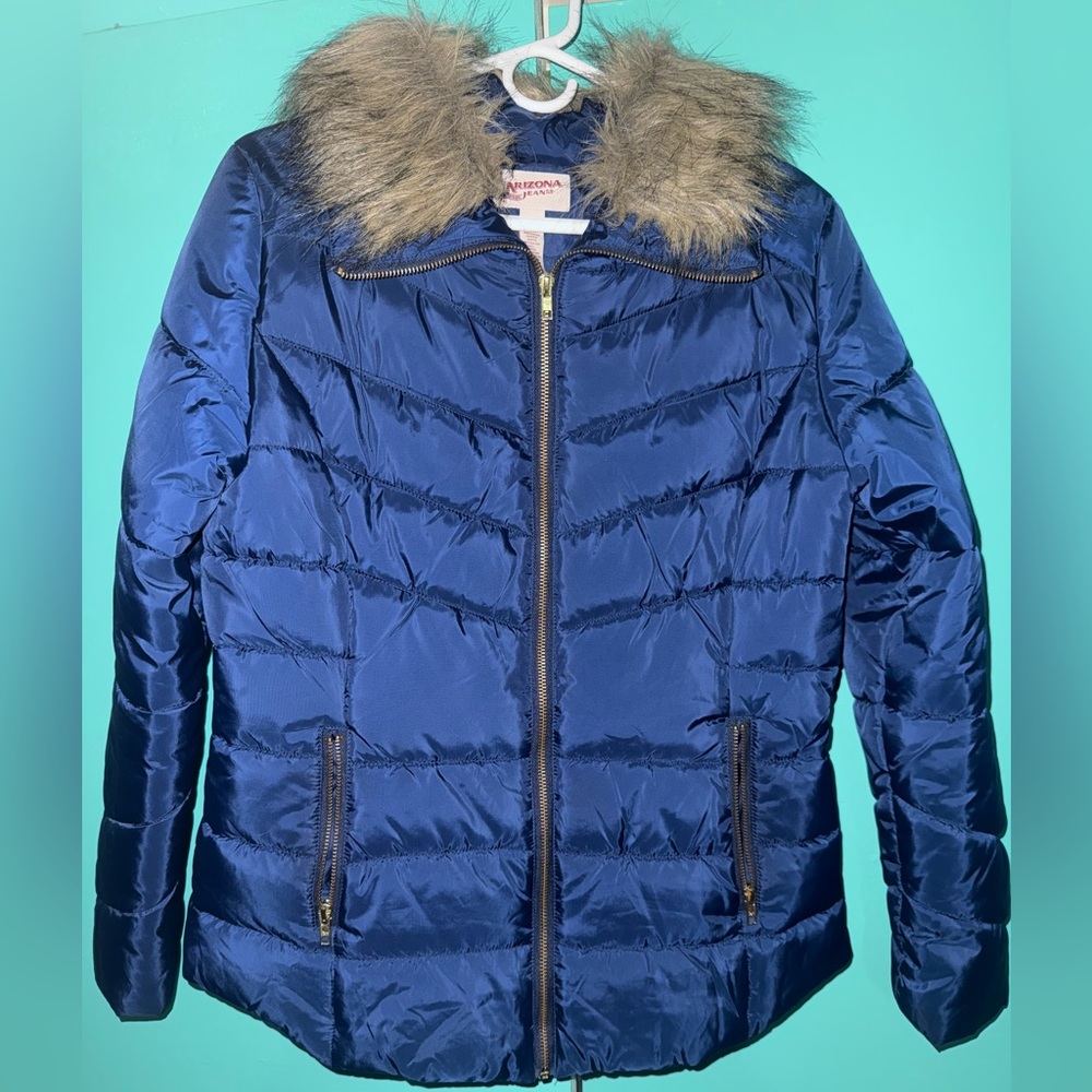 Arizona Jean Company Royal Blue Puffer Jacket with Faux Fur Trim